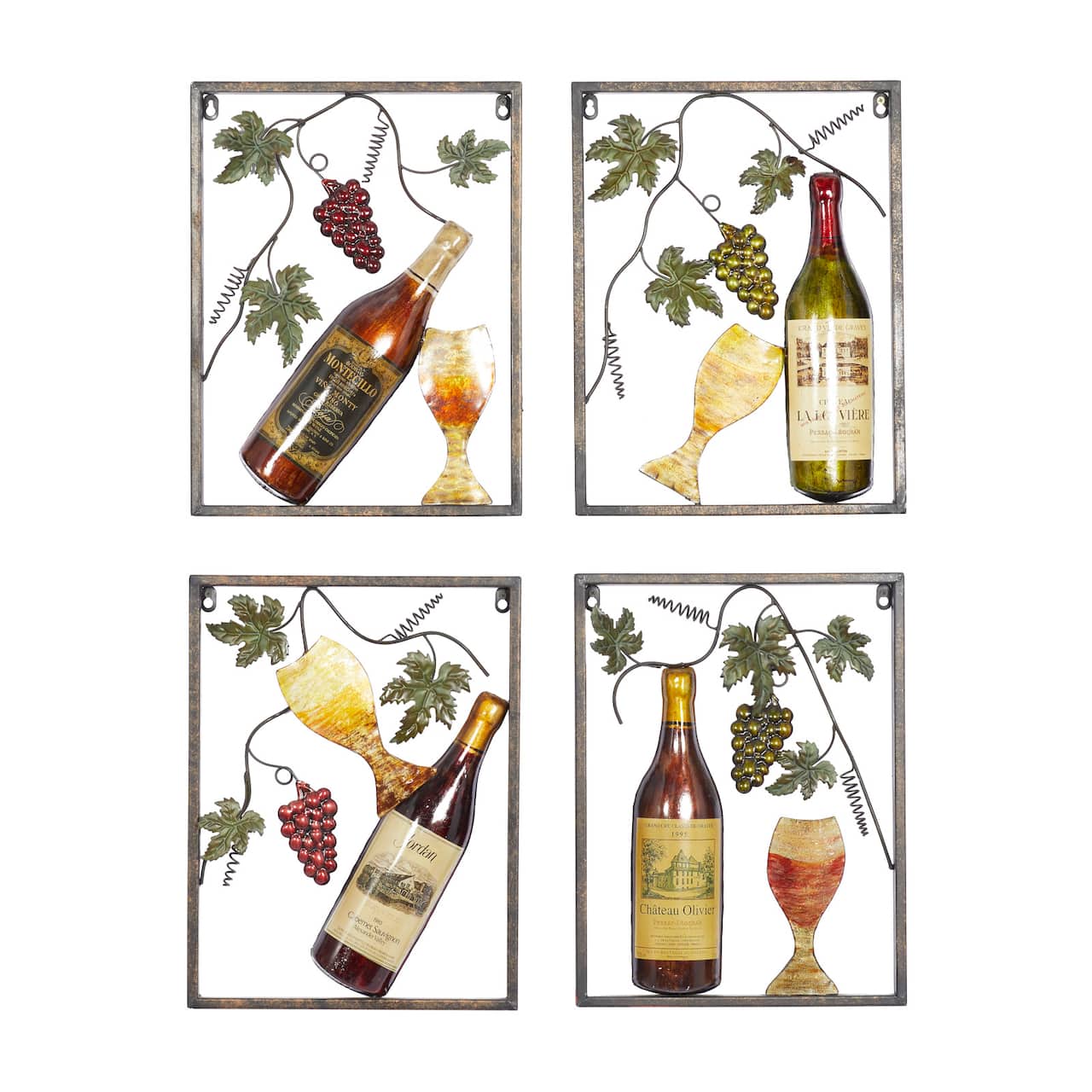 Set of 4 Multi Colored Metal Traditional Wine Wall Decor, 18" x 14"